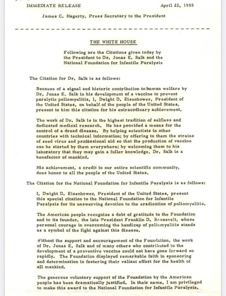 White House Press Release on the Salk Polio Vaccine (1955)
